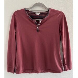 Garnet Hill Pajama Top Womens Small Burgundy Plaid Trim Comfort Lounge Cozy